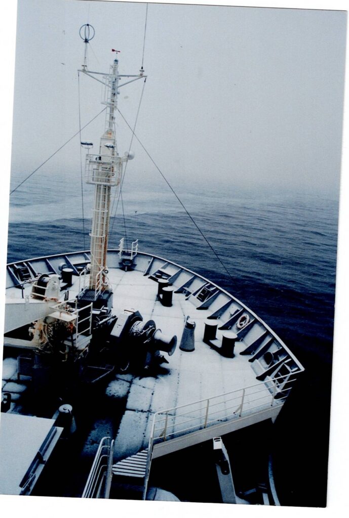 Bow of an expedition vessel under way